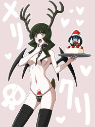 Rule 34 | 10s, 2girls, :x, antlers, bad id, bad pixiv id, black hair, black rock shooter, black rock shooter (character), blue eyes, blush, boots, cake, censored, censored nipples, chain, choker, collar, convenient censoring, dead master, food, hat, horns, julius yu, long hair, midriff, mini person, minigirl, multiple girls, navel, pale skin, santa hat, skull, stomach, topless, twintails, wings
