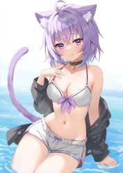 Rule 34 | 1girl, absurdres, ahoge, animal collar, animal ear fluff, animal ears, arm support, bare shoulders, bikini, black collar, black jacket, blush, breasts, cat ears, cat girl, cat tail, closed mouth, collar, crossed bangs, dolphin shorts, front-tie bikini top, front-tie top, hair between eyes, hand up, highres, hololive, jacket, looking at viewer, medium breasts, medium hair, navel, nekomata okayu, open clothes, open jacket, partially submerged, purple eyes, purple hair, short shorts, shorts, sitting, smile, solo, stomach, swimsuit, tail, togemaru34, virtual youtuber, water, white bikini, white shorts
