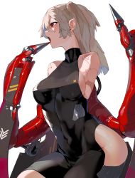 Rule 34 | 1girl, absurdres, amputee, blonde hair, breasts, covered navel, cyborg, double amputee, highres, hip vent, long hair, mechanical wings, medium breasts, open mouth, original, pointy ears, red eyes, solo, white background, wings, yunimaru