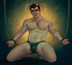 Rule 34 | 1boy, avatar legends, bara, black hair, bolin, briefs, chest hair, highres, kneeling, male focus, male underwear, muscular, muscular male, nipples, paid reward available, pectorals, rope, smirk, solo, the legend of korra, thedamnthinguy, thick eyebrows, thick thighs, thighs, underwear