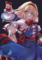 Rule 34 | 1girl, alice margatroid, apron, blonde hair, blue dress, blue eyes, blush, book, bow, bowtie, breasts, capelet, closed mouth, cowboy shot, dark background, doll, dress, foreshortening, grey background, grimoire of alice, hair between eyes, hair bow, hairband, highres, holding, holding book, jewelry, looking at viewer, mary janes, medium breasts, momendoufu, reaching, reaching towards viewer, red bow, red bowtie, red footwear, red hairband, red sash, ring, sash, shanghai doll, shoes, short hair, simple background, smile, solo, standing, swept bangs, touhou, white apron, white capelet