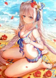 Rule 34 | 1girl, absurdres, ass, bare legs, bare shoulders, barefoot, beach, bikini, blue bikini, blue bow, blue eyes, blush, bow, breasts, butt crack, cleavage, closed mouth, collarbone, day, fate/grand order, fate (series), fingernails, flower, hair between eyes, hair bow, hair flower, hair ornament, highres, jewelry, junpaku karen, long hair, marie antoinette (fate), marie antoinette (swimsuit caster) (third ascension) (fate), medium breasts, motion blur, nail polish, outdoors, pendant, petals, pulled by self, red flower, red nails, revision, sand, seiza, sidelocks, silver hair, sitting, smile, soles, solo, strap pull, striped, striped bow, swimsuit, twintails, very long hair, water, white flower