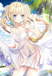 Rule 34 | 1girl, ahoge, arm up, aruka (alka p1), bare arms, bare shoulders, blonde hair, blue eyes, blush, breasts, clothes lift, cloud, cloudy sky, commentary request, day, dress, dress lift, grin, hair between eyes, highres, looking at viewer, moe2020, original, palm tree, sky, small breasts, smile, solo, spaghetti strap, strap slip, sundress, tree, twintails, v, wading, water, water drop, white dress