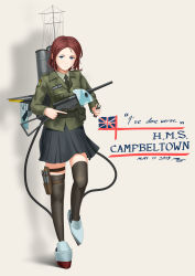 Rule 34 | 1girl, absurdres, black thighhighs, blue eyes, character name, commentary, dated, english commentary, english flag, english text, full body, gun, highres, looking at viewer, magazine (weapon), military, military uniform, name tag, necktie, original, red hair, rigging, ryan greythorn, serious, short hair, solo, standing, standing on one leg, thigh strap, thighhighs, torpedo, torpedo tubes, trigger discipline, uniform, union jack, weapon, world of warships, zettai ryouiki