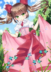 Rule 34 | 1girl, :o, animal, blush, bow, breasts, bug, butterfly, center frills, commentary request, day, floating hair, flower, frills, green eyes, hair bow, insect, long hair, looking at viewer, misaki (misaki86), original, outdoors, parted lips, petals, pink skirt, puffy short sleeves, puffy sleeves, red bow, shirt, short sleeves, skirt, skirt hold, small breasts, solo, twintails, upturned eyes, white shirt, yellow flower
