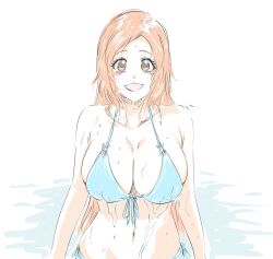 Rule 34 | 1girl, bikini, bleach, blue bikini, breasts, brown eyes, cleavage, front-tie bikini top, front-tie top, highres, inoue orihime, large breasts, long hair, mitsugu, navel, open mouth, orange hair, solo, swimsuit, water, wet, wet clothes, wet hair, wet swimsuit, white background