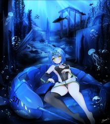 Rule 34 | 1girl, air bubble, azur lane, bare shoulders, black one-piece swimsuit, black thighhighs, blue hair, blue theme, breasts, bubble, detached sleeves, full body, highres, jellyfish, kaorun (momiji hourensou), long hair, looking at viewer, lying, nautilus (azur lane), non-humanoid robot, on back, one-piece swimsuit, robot, robot animal, ruins, see-through, shark, signature, single thighhigh, small breasts, solo, swimsuit, thighhighs, underwater, yellow eyes