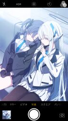 Rule 34 | 2girls, absurdres, black gloves, black pantyhose, black skirt, blue archive, blue necktie, blush, breasts, closed eyes, closed mouth, collared shirt, formal, gloves, grey hair, halo, highres, kamiyama sumu, large breasts, long hair, long sleeves, mechanical halo, medium breasts, multiple girls, necktie, noa (blue archive), pantyhose, parted lips, pleated skirt, purple eyes, purple hair, shirt, skirt, smile, suit, two side up, white shirt, white skirt, yuuka (blue archive)