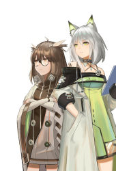 Rule 34 | 2girls, absurdres, animal ears, arknights, brown hair, clipboard, crossed arms, feather hair, glasses, green eyes, hands in pockets, highres, kal&#039;tsit (arknights), kurou (xuexiao), material growth, multiple girls, oripathy lesion (arknights), owl ears, short hair, silence (arknights), stethoscope, white hair