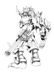 Rule 34 | armor, claws, digimon, digimon (creature), horns, looking at viewer, monochrome, wargreymon, wargreymon x-antibody