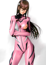 Rule 34 | 1girl, absurdres, bodysuit, breasts, brown eyes, brown hair, character cutout, evangelion: 2.0 you can (not) advance, evangelion: 3.0 you can (not) redo, glasses, hair between eyes, highres, interface headset, looking at viewer, makinami mari illustrious, multicolored bodysuit, multicolored clothes, neon genesis evangelion, nipples, pink bodysuit, plugsuit, rebuild of evangelion, solo, standing, watanabe yasuaki, white background