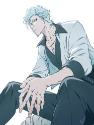 Rule 34 | arrancar, artist name, black eyeshadow, black pants, black shirt, bleach, bleach: sennen kessen-hen, blue eyes, blue hair, collarbone, collared jacket, eyeshadow, facial mark, feet out of frame, grimmjow jaegerjaquez, hair between eyes, highres, jacket, makeup, male focus, own hands together, pants, parted lips, scar, scar on chest, shirt, sideburn004, signature, sitting, sleeves rolled up, v-neck, white background, white jacket
