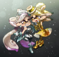 Rule 34 | 2girls, :d, ankle boots, bare shoulders, blonde hair, boots, bow-shaped hair, callie (splatoon), cousins, cross-shaped pupils, detached collar, dress, earrings, elbow gloves, eye contact, fang, food, food on head, full body, glint, gloves, gold dress, gold footwear, gold gloves, gradient background, gradient hair, green hair, grey background, grey footwear, grey gloves, grey hair, grey jumpsuit, grey pantyhose, grin, high heel boots, high heels, holding hands, inkling, jewelry, jumpsuit, long hair, looking at another, marie (splatoon), mole, mole under eye, multicolored hair, multiple girls, nintendo, object on head, open mouth, pantyhose, purple hair, short eyebrows, short hair, short jumpsuit, smile, snow, snowflakes, snowing, sparkle, splatoon (series), splatoon 1, splatoon 2, strapless, strapless dress, strapless jumpsuit, suction cups, symbol-shaped pupils, tentacle hair, two-tone hair, ukata, very long hair, yellow eyes, yellow pantyhose