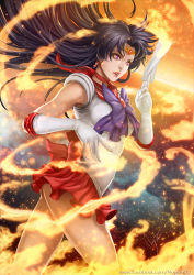 Rule 34 | 1girl, artist name, bishoujo senshi sailor moon, black hair, breasts, circlet, cowboy shot, earrings, elbow gloves, facebook username, fire, fire, gloves, hino rei, jewelry, lipstick, long hair, magion02, makeup, medium breasts, panties, parted lips, purple eyes, red skirt, revision, sailor mars, signature, skirt, solo, talisman, thighs, underwear, watermark, web address, white gloves, white panties