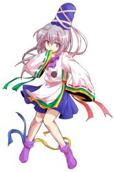 Rule 34 | 1girl, alphes (style), dairi, full body, grey eyes, grey hair, hand to own mouth, hat, highres, long hair, long sleeves, mononobe no futo, parody, ponytail, ribbon, shirt, skirt, sleeves past wrists, smile, solo, style parody, touhou, transparent background, wide sleeves
