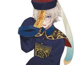 Rule 34 | 1boy, alternate costume, blue eyes, chinese clothes, csyday, fangs, fate/grand order, fate (series), grey hair, hair between eyes, hat, jiangshi, male focus, ofuda, paw pose, prince of lan ling (fate), qingdai guanmao, sleeves past wrists, solo