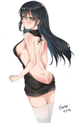 Rule 34 | 1girl, 3:, artist name, ass, backless dress, backless outfit, bad id, bad pixiv id, bare back, bare shoulders, black hair, black sweater, blush, breasts, brown eyes, butt crack, closed mouth, dated, drawstring, dress, floating hair, hair between eyes, halterneck, highres, long hair, looking at viewer, looking back, medium breasts, meme attire, naked sweater, original, piuta, ribbed sweater, sideboob, signature, simple background, solo, sweater, sweater dress, thighhighs, turtleneck, turtleneck sweater, virgin killer sweater, white background, white thighhighs