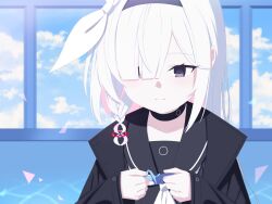 Rule 34 | 1girl, absurdres, aimpoleume, black choker, black coat, black eyes, black sailor collar, blue archive, blush, braid, choker, closed mouth, cloud, coat, commentary request, day, hair between eyes, hair over one eye, hairband, highres, holding, long hair, long sleeves, multicolored hair, neckerchief, open clothes, open coat, origami, paper crane, partial commentary, pink hair, plana (blue archive), sailor collar, school uniform, serafuku, side braid, sky, solo, upper body, white hair, white neckerchief, window