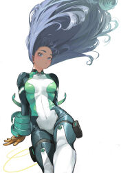 1girl absurdres blue_eyes blue_hair bodysuit boku_no_hero_academia breasts brown_gloves gloves green_bodysuit hado_nejire highres horikoshi_kouhei leaning_back long_hair long_sleeves multicolored_bodysuit multicolored_clothes simple_background solo white_bodysuit