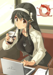 Rule 34 | 1girl, absurdres, abyssal ship, anchor necklace, bad id, bad pixiv id, bag, black hair, black shirt, blouse, blush, booth seating, breasts, brown eyes, collarbone, commentary request, computer, contemporary, day, drinking, drinking straw, enemy lifebuoy (kancolle), flying sweatdrops, grey skirt, hair between eyes, hairband, handbag, haruna (kancolle), highres, ice, ice cube, indoors, jacket, jewelry, kantai collection, laptop, long hair, long sleeves, looking down, medium breasts, necklace, open clothes, open jacket, osananajimi neko, paper, pen, shirt, sidelocks, sitting, skirt, solo, table, thick eyebrows, very long hair, white hairband, white jacket, window