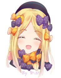 Rule 34 | 1girl, :d, abigail williams (fate), absurdres, artist name, black bow, black hat, black neckwear, blonde hair, blush, bow, closed eyes, commentary request, fate/grand order, fate (series), happy, hat, highres, looking at viewer, multiple boys, open mouth, orange bow, orange neckwear, parted bangs, polka dot, polka dot bow, portrait, simple background, smile, solo, w-t, white background
