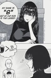 Rule 34 | 1boy, 1girl, blush, breasts, comic, dress, english text, fubuki (one-punch man), hand on own face, highres, large breasts, lips, meme, monochrome, mostlybluewyatt, one-punch man, saitama (one-punch man), short hair, speech bubble