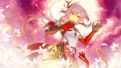 Rule 34 | 1girl, absurdres, b1saish1, bare shoulders, black gloves, breasts, chinese clothes, flower, fu hua, fu hua (phoenix), gloves, highres, honkai (series), honkai impact 3rd, long hair, looking at viewer, petals, ponytail, red eyes, red gloves, red sky, sky, small breasts, solo, white flower, white hair