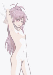 Rule 34 | 10s, 1girl, armpits, arms behind head, blush, bound, bound wrists, bow, breasts, female pubic hair, groin, hair bow, kennyo (muchimuchi), long hair, magical girl, mahou shoujo madoka magica, mahou shoujo madoka magica (anime), navel, nipples, no nose, nude, ponytail, pubic hair, red eyes, red hair, sakura kyoko, simple background, small breasts, solo, standing, upper body