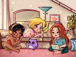 Rule 34 | 3girls, agarjelipuding, alex (totally spies), black hair, blonde hair, blue eyes, blue shirt, blush stickers, brown eyes, chibi, clover (totally spies), commentary, computer, couch, english commentary, green eyes, green shorts, headphones, highres, indoors, long hair, multiple girls, on couch, orange hair, pajamas, pink shirt, plant, potted plant, sam (totally spies), shirt, short hair, shorts, t-shirt, totally spies