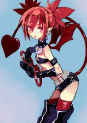 Rule 34 | 1girl, absurdres, bad id, bad pixiv id, blue background, bracelet, choker, demon girl, demon tail, demon wings, disgaea, disgaea d2, etna (disgaea), female focus, flat chest, highres, jewelry, nippon ichi, open mouth, pointy ears, rabbitseijin, red eyes, red hair, short hair, skull, slit pupils, solo, tail, twintails, wings