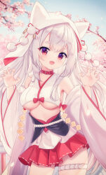 Rule 34 | :d, absurdres, animal ear headwear, animal ears, azur lane, bare shoulders, blush, breasts, cherry blossoms, claw pose, collar, crop top, curly hair, day, detached sleeves, fake animal ears, fang, hair between eyes, happy, highres, hip focus, kinoshita ringo (ryve5758), long hair, long sleeves, looking at viewer, medium breasts, midriff, miniskirt, nail polish, no bra, open mouth, oppai loli, outdoors, pink nails, pleated skirt, pom pom (clothes), red collar, red eyes, skirt, slit pupils, smile, underboob, very long hair, white hair, wide sleeves, yuudachi (azur lane), yuudachi (the bride of solomon) (azur lane)