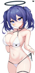 Rule 34 | 1girl, alternate breast size, alternate costume, alternate hairstyle, bikini, bikini pull, black choker, black ribbon, blue archive, blue eyes, blue hair, blush, breasts, choker, cleavage, clothes pull, hair ribbon, halo, hand on own chest, highres, large breasts, long hair, looking at viewer, o-ring, o-ring bikini, purerin, ribbon, simple background, solo, star sticker, sticker on face, swimsuit, thigh strap, twintails, white background, white bikini, yuuka (blue archive)