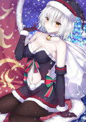 Rule 34 | 1girl, alternate costume, arm at side, bare shoulders, bell, black dress, black gloves, black hat, black pantyhose, bow, breasts, cleavage, clothing cutout, collarbone, detached collar, dress, elbow gloves, fate/apocrypha, fate (series), fur-trimmed dress, fur-trimmed gloves, fur collar, fur trim, gloves, hair between eyes, hand up, hat, jeanne d&#039;arc (fate), jeanne d&#039;arc alter (avenger) (fate), jeanne d&#039;arc alter (fate), looking at viewer, medium breasts, motion blur, navel, navel cutout, pale skin, pantyhose, rong yi tan, sack, santa hat, short hair, silver hair, sitting, snowing, solo, strapless, strapless dress, striped, striped bow, wariza, yellow eyes