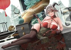 Rule 34 | 1girl, absurdres, aegir (azur lane), aegir (golden dragon among auspicious clouds) (azur lane), azur lane, bare shoulders, black garter straps, black horns, breasts, calligraphy brush, cleavage, criss-cross halter, dragon, eastern dragon, framed breasts, garter straps, hair on horn, halterneck, highres, holding, holding brush, holding calligraphy brush, holding paintbrush, horn ornament, horns, incense burner, lace, lace-trimmed thighhighs, lantern, large breasts, long hair, lying, multicolored hair, no shoes, official alternate costume, on side, paintbrush, red hair, revealing clothes, sideless outfit, streaked hair, thighhighs, thighs, zekong pioneer