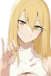 Rule 34 | 1girl, arasa (doko tetora), blonde hair, blush, breasts, cleavage cutout, clothing cutout, doko tetora, fingernails, green eyes, grin, hair between eyes, hand up, head tilt, long hair, looking at viewer, nail polish, orange nails, original, pinky out, ribbed sweater, simple background, sleeveless, sleeveless sweater, smile, solo, sweater, textless version, turtleneck, turtleneck sweater, upper body, white background, white sweater