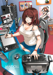 Rule 34 | 1girl, breasts, brown eyes, brown hair, cactus, cleavage, computer, curvy, desk, drawing tablet, feet, fei (maidoll), glasses, keyboard (computer), large breasts, looking at viewer, original, room, self-portrait, sitting, solo, spring onion, stylus, thighhighs, wacom