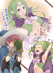 Rule 34 | 1boy, 1girl, armpits, bow, breasts, cape, circlet, cleavage, closed eyes, fire emblem, fire emblem awakening, gloves, green hair, hat, imagining, jewelry, large breasts, long hair, looking at viewer, mamoru (pixiv), nintendo, nowi (fire emblem), aged up, open mouth, pendant, pointy ears, ponytail, purple eyes, ricken (fire emblem), smile, sweatdrop, translation request, witch hat