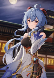 Rule 34 | absurdres, ahoge, bare shoulders, bell, black gloves, blue hair, breasts, building, chinese knot, cowboy shot, curled horns, detached sleeves, full moon, ganyu (genshin impact), genshin impact, gloves, gold trim, highres, horns, long hair, looking at viewer, medium breasts, moon, multicolored eyes, neck bell, night, outdoors, setsurimu (pro viden), solo, standing, tassel, thighlet, vision (genshin impact), white sleeves