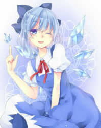 Rule 34 | 1girl, ;d, bad id, bad pixiv id, blue eyes, blue hair, cirno, dress, ice, ice wings, looking at viewer, matching hair/eyes, mi-chan, miiko (somnolent), one eye closed, open mouth, ribbon, short hair, smile, solo, touhou, wings, wink
