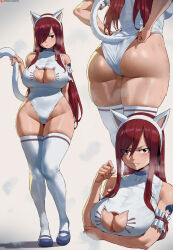 1girl animal_ears arm_garter ass black_eyes blue_footwear breasts cat_cutout cat_ears cat_tail cleavage clothing_cutout commentary erza_scarlet fairy_tail fake_animal_ears fake_tail full_body gradient_background grey_background hair_over_one_eye highleg highleg_leotard highres large_breasts leotard long_hair looking_at_viewer multiple_views patreon_logo patreon_username red_hair shexyo shoes shoulder_tattoo standing sweat tail tattoo thighhighs upper_body white_leotard white_thighhighs