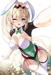 Rule 34 | alternate breast size, animal ears, blonde hair, bow, bowtie, breasts, commentary, detached collar, green eyes, green leotard, hololive, holox, inari (ambercrown), kazama iroha, large breasts, leotard, looking at viewer, one eye closed, playboy bunny, ponytail, rabbit ears, rabbit tail, reaching, reaching towards viewer, tail, thighhighs, virtual youtuber, white wrist cuffs, wrist cuffs