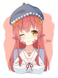 Rule 34 | 1girl, artist name, beret, blush, breasts, commentary, commission, hair between eyes, hair ornament, hair over shoulder, hairclip, hat, jewelry, l4no, lamia, long hair, looking at viewer, miia (monster musume), monster girl, monster musume no iru nichijou, necklace, one eye closed, pointy ears, red hair, scales, simple background, smile, solo, upper body, vest, yellow eyes
