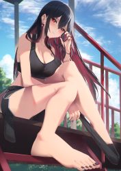 Rule 34 | 1girl, absurdres, amane sora, bare shoulders, black hair, blush, breasts, cleavage, collarbone, crop top, ear piercing, earrings, hair between eyes, highres, jewelry, large breasts, long hair, looking at viewer, mole, mole on breast, mole under mouth, multicolored hair, nail polish, original, outdoors, parted lips, piercing, pink hair, red eyes, removing sock, shirt, shorts, sky, solo, thighs, toenail polish, toenails