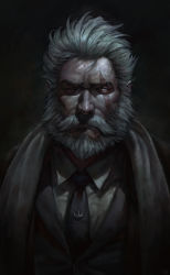 Rule 34 | absurdres, backlighting, beard, black jacket, black necktie, coat, collared shirt, facial hair, formal, grey background, highres, jacket, jewelry, looking at viewer, male focus, manly, nat vitchayed, necklace, necktie, old, old man, overwatch, overwatch 1, reinhardt (overwatch), scar, scar across eye, scar on face, serious, shirt, short hair, simple background, solo, white hair, white shirt, wing collar