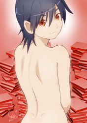 Rule 34 | 1girl, artist name, back, bakemonogatari, bare back, bare shoulders, black hair, book, book stack, brown eyes, closed mouth, commentary, completely nude, dated, dimples of venus, from behind, gradient background, hair between eyes, huumoon, kanbaru suruga, light smile, looking at viewer, looking back, monogatari (series), nude, one-hour drawing challenge, red background, short hair, shoulder blades, signature, thick eyebrows, tomboy, upper body, white background