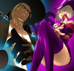 Rule 34 | 1boy, 1girl, alternate color, arc system works, ass, bare shoulders, blonde hair, blue eyes, boots, breasts, coat, dress, fingerless gloves, fingernails, gloves, glowing, glowing eyes, grin, guilty gear, hat, i-no, johnny (guilty gear), leather, leather boots, crossed legs, nail polish, platinum blonde hair, rokuro, sharp fingernails, short dress, short hair, smile, sunglasses, thigh boots, thighhighs, witch hat, zaki (narashigeo)