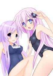 Rule 34 | 10s, 2girls, absurdres, bad id, bad pixiv id, blue eyes, blush, grabbing another&#039;s breast, breasts, choujigen game neptune mk2, dual persona, female focus, grabbing, hair ornament, highres, long hair, looking back, meimu (infinity), multiple girls, nepgear, neptune (series), one-piece swimsuit, pink hair, purple eyes, purple hair, purple sister, school swimsuit, sitting, swimsuit, symbol-shaped pupils, tears, yuri