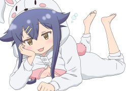 Rule 34 | 10s, 1girl, barefoot, blue hair, blush, breasts, cleavage, cosplay, feet, head rest, hinako note, kigurumi, lying, natsukawa kuina, no bra, on stomach, open mouth, rabbit pajamas, simple background, small breasts, smile, soles, solo, the pose, toes, white background, yellow eyes