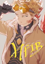Rule 34 | 1boy, black gloves, black shirt, boku no hero academia, brown eyes, brown hair, closed mouth, earrings, eyewear lift, facial hair, feathered wings, gloves, goatee stubble, goggles, goggles on head, grey background, hawks (boku no hero academia), headphones, headphones around neck, highres, jewelry, long sleeves, looking ahead, male focus, pon52io, red wings, scar, scar on neck, shirt, short hair, solo, stubble, wings