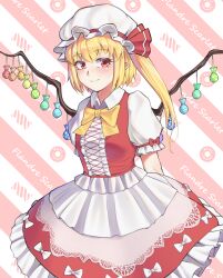 Rule 34 | 1girl, absurdres, adapted costume, alternate breast size, alternate wings, arms behind back, blonde hair, blush, bow, bowtie, breasts, center frills, character name, closed mouth, collared shirt, flandre scarlet, frilled skirt, frilled sleeves, frills, hat, hat ribbon, highres, light smile, littiecy, looking at viewer, medium breasts, medium hair, mob cap, multicolored wings, one side up, pink background, pointy ears, puffy short sleeves, puffy sleeves, red eyes, red ribbon, red skirt, red vest, ribbon, ribbon-trimmed headwear, ribbon trim, shirt, short sleeves, skirt, sleeve ribbon, solo, striped background, touhou, vest, white background, white hat, white shirt, wings, yellow bow, yellow bowtie